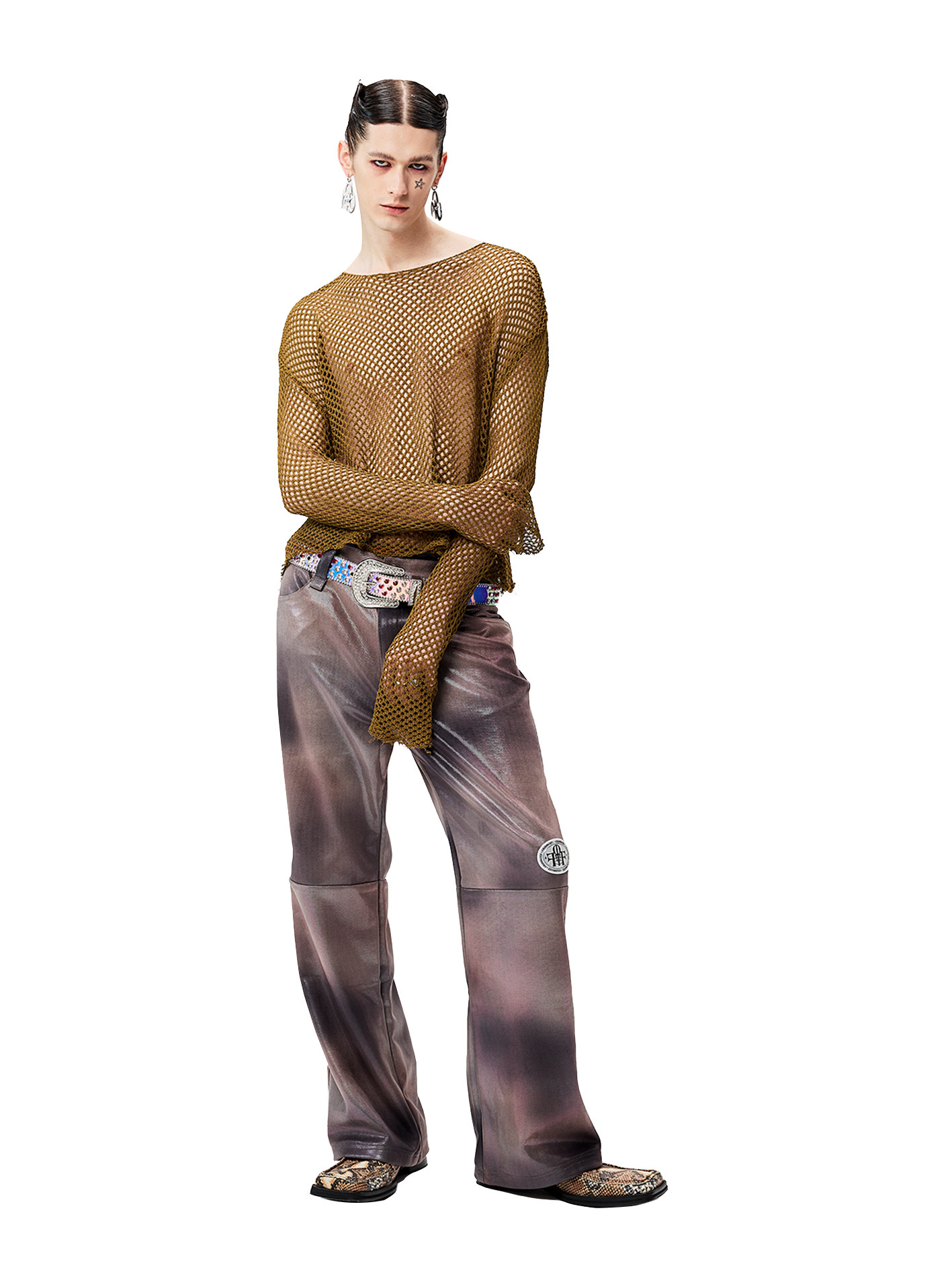 ERISSTOFF Y2K 밀레니엄 사이버 브라운 벨벳 골드 스레드 화염 구름 타이 염색 반사 스플라이싱 프로필 가죽 바지