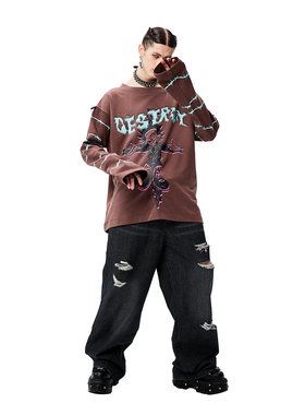 CyCyCy Y2K千禧朋克做旧黑条纹水洗破洞糜烂通勤休闲廓形牛仔长裤