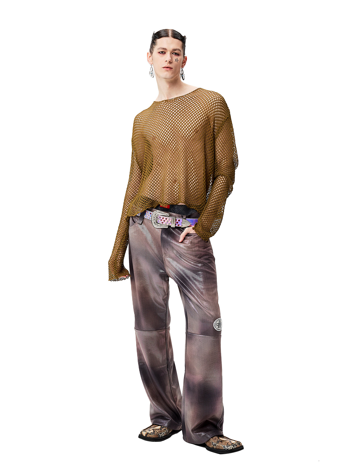 ERISSTOFF Y2K 밀레니엄 사이버 브라운 벨벳 골드 스레드 화염 구름 타이 염색 반사 스플라이싱 프로필 가죽 바지