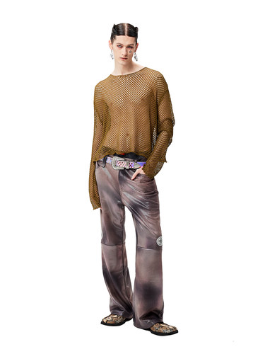 棕调丝绒扎染拼接皮裤