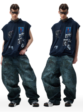 CyCyCy 小众设计脏染涂鸦满版数码印花BAGGY廓形牛仔裤