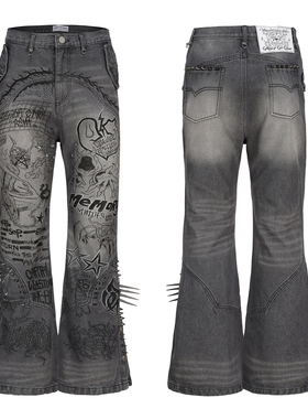 【定制REMAKE】CYCYCY Y2K千禧手绘涂鸦怀旧脏灰修身微喇牛仔裤