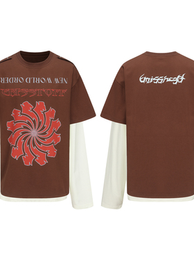 ERISSTOFF Y2K千禧朋克棕调轮盘双星印花廓形OS真两件圆领T恤男女