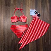 条纹分体泳衣三件套ins性感挂脖显瘦遮肚韩版 显白高级感温泉泳装