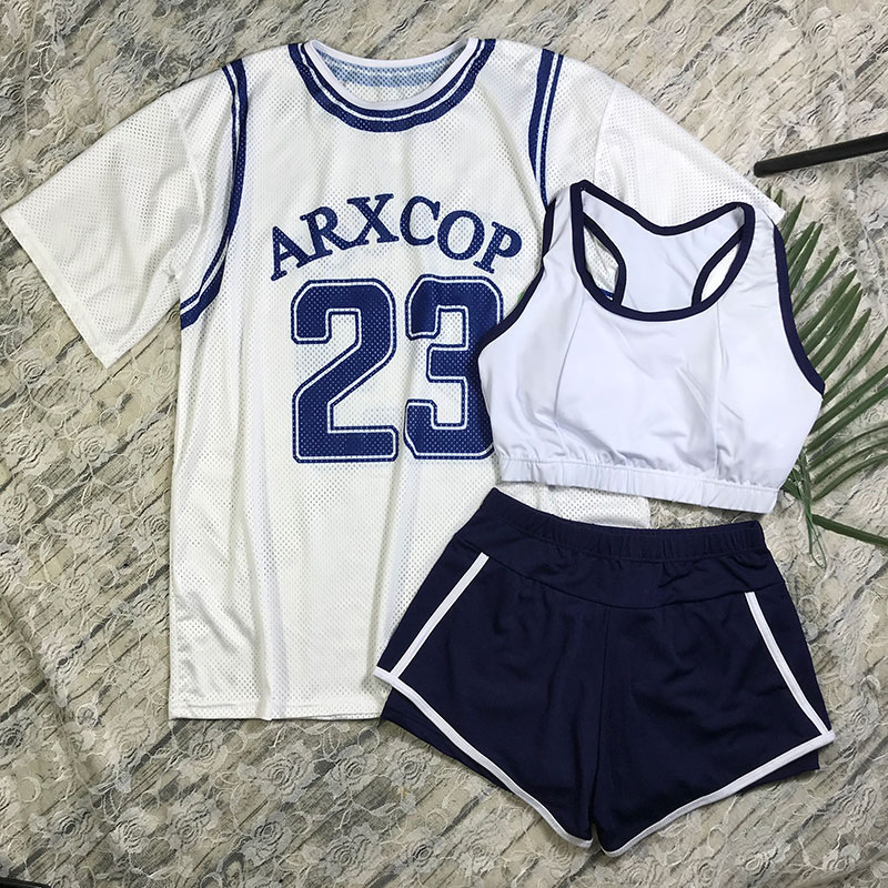 运动风分体泳衣女三件套显瘦遮肚保守短袖罩衫性感圆领学生泳装