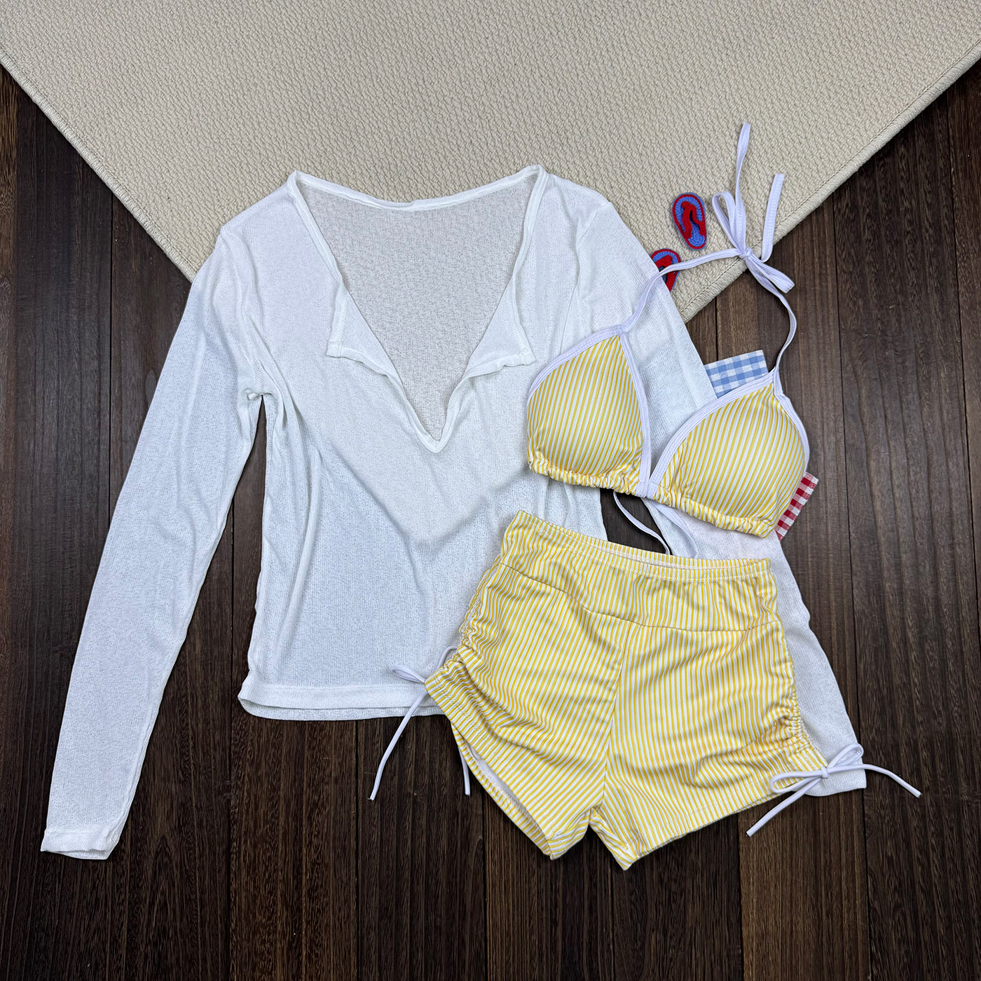 韩版分体泳衣女保守条纹显瘦遮肚长袖性感甜美少女温泉度假游泳装