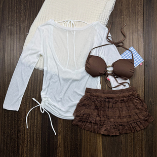 纯欲ins分体泳衣女三件套性感露背小胸显瘦遮肚保守温泉度假泳装