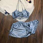 新款 泳衣女纯欲风 银色高级性感分体三件套温泉度假显瘦比基尼裙式