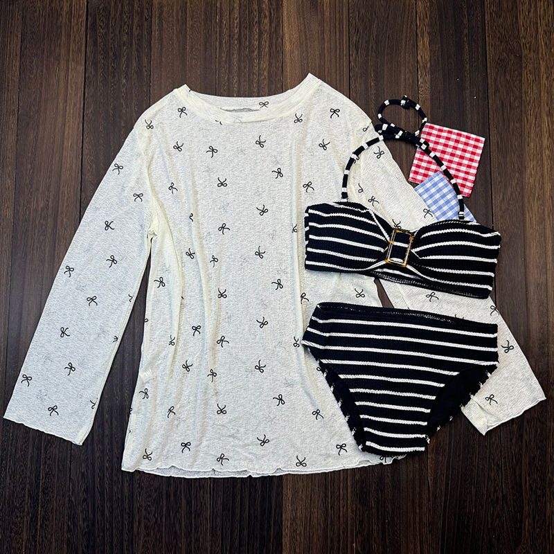 纯欲ins分体泳衣三件套女韩版学生保守显瘦遮肚甜美复古条纹泳装