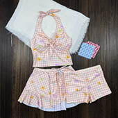 甜美ins风分体泳衣女三件套性感V领显瘦遮肚保守温泉度假纯欲泳装