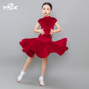 儿童拉丁舞蹈服装短袖新款夏秋季练功女童薄款丝绒考级比赛规定服