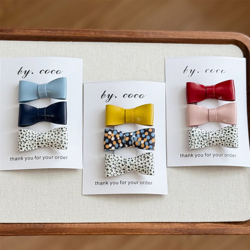 包邮真皮宝宝rae同款迷你小号蝴蝶结发夹儿童酒红蝴蝶结波点发饰