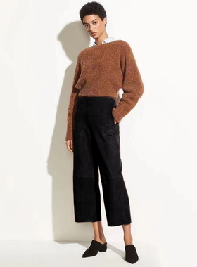 Vin新品意大利进口柔软磨砂绵羊皮纯色休闲显瘦简约气质阔腿皮裤