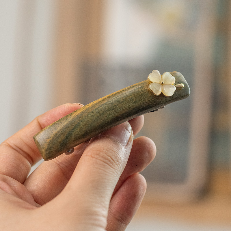 真绿檀木质发夹小巧精致四叶草后脑勺一字夹头饰感刘海发卡女