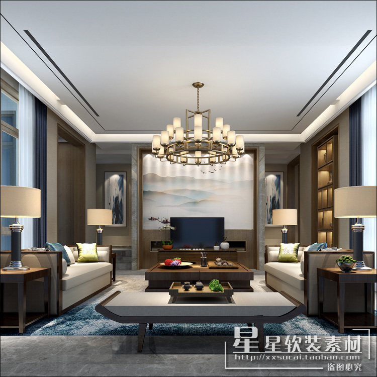 星星软装-现代中式600㎡新中式别墅效果图+CAD施工图+电气