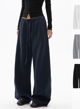 大码垂感宽松bf慵懒风弯刀运动卫裤女冬季胖mm直筒阔腿情侣休闲裤