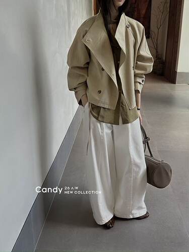 韩系简约双排扣短款风衣外套女2026秋季新款宽松休闲百搭上衣