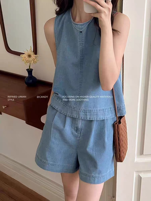 水洗牛仔背心后松紧短裤两件套女2025夏季新款韩版减龄套装简约
