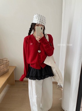 福利款【Find Time】亲肤绒V领刺绣爱心小标针织开衫 叠穿神器