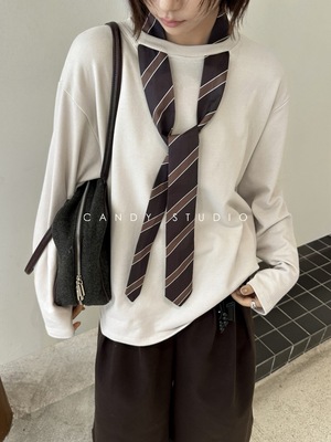 秋冬新款韩系简约百搭舒适净版长袖T恤配领带打底衫