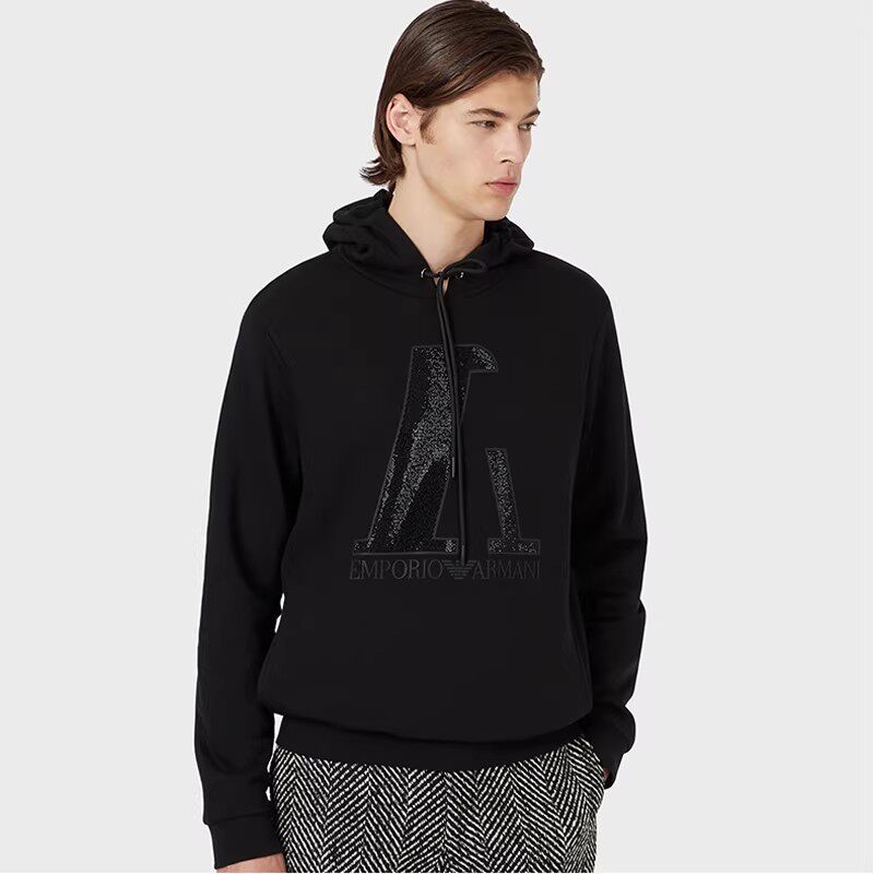 Armani/阿玛尼男士字母logo黑钻装饰加绒连帽卫衣6H1M7T