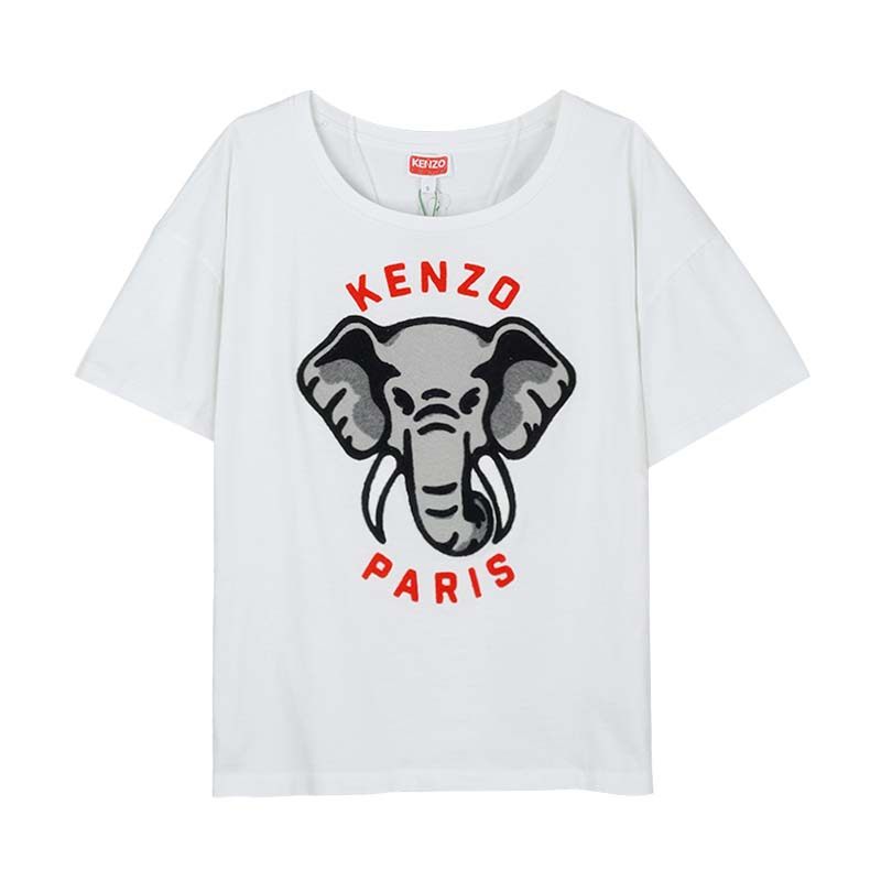KENZO高田贤三 新款女士大象图案刺绣白色圆领短袖T恤4SO 2TS002