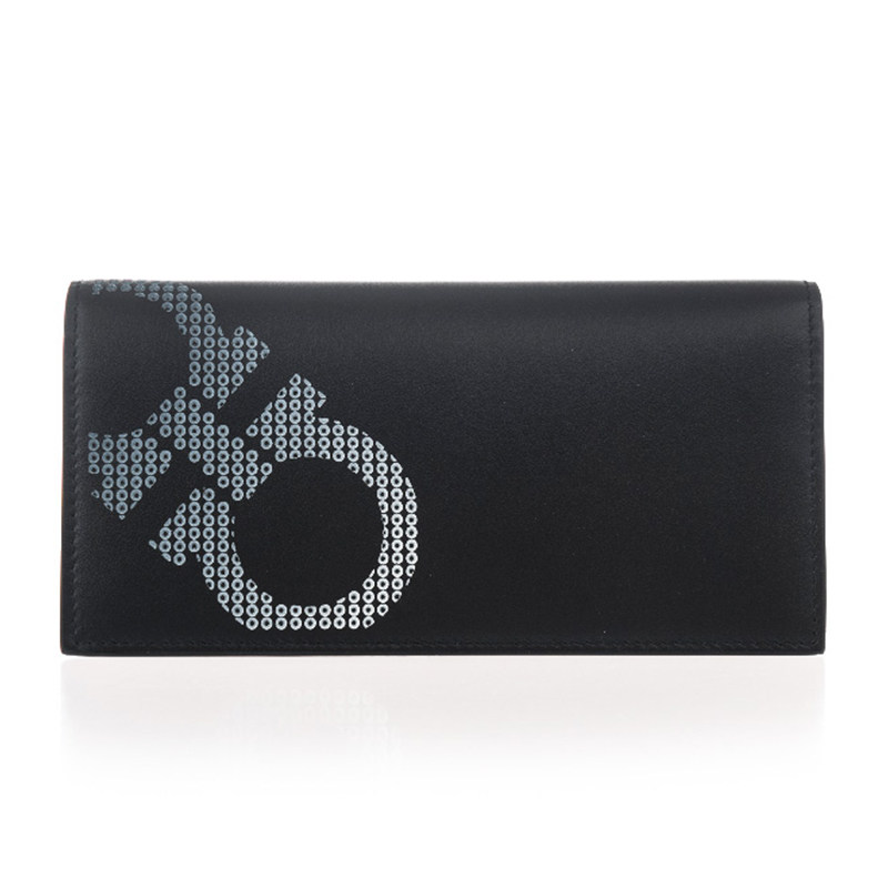 Ferragamo/菲拉格慕新款男士黑色牛皮LOGO图案长款钱包66A266