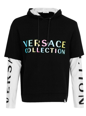 Versace/范思哲新款男士假两件字母印花连帽长袖T恤V800886