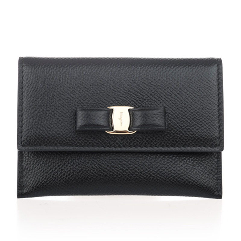 Ferragamo/菲拉格慕新款女士黑色皮革荔枝纹按扣卡片夹卡包22D155