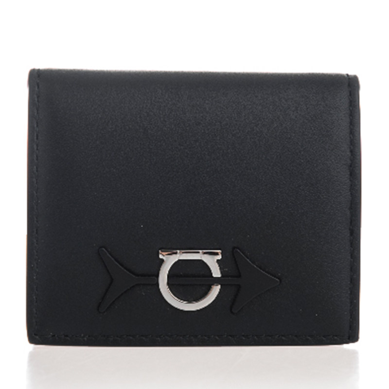 Ferragamo/菲拉格慕新款女士黑色皮革按扣翻盖卡包零钱包66A386