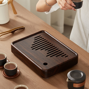 高级茶托盘功夫茶具沥水茶海干泡茶台 黑檀实木茶盘家用小型储水式