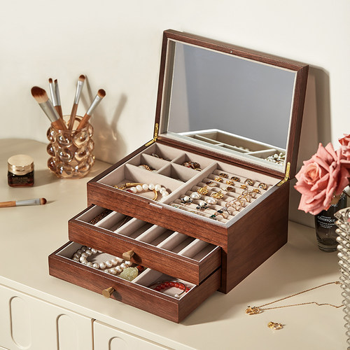 胡桃木制作，颜值担当，带镜多层大容量收纳