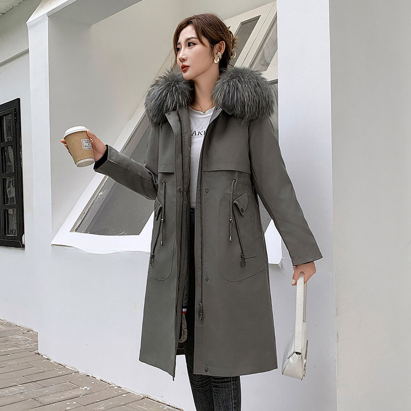 派克服女2025冬季新款獭兔毛内胆可拆卸时尚保暖过膝长款皮草外套