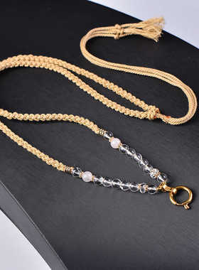 泰国佛牌链手工编织手搓棉绳天然白水晶弹簧扣唐卡挂绳翡翠毛衣链