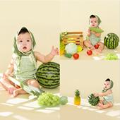 儿童摄影新款 百天周岁婴儿照相绿色格子连体衣蔬菜水果造型主题服