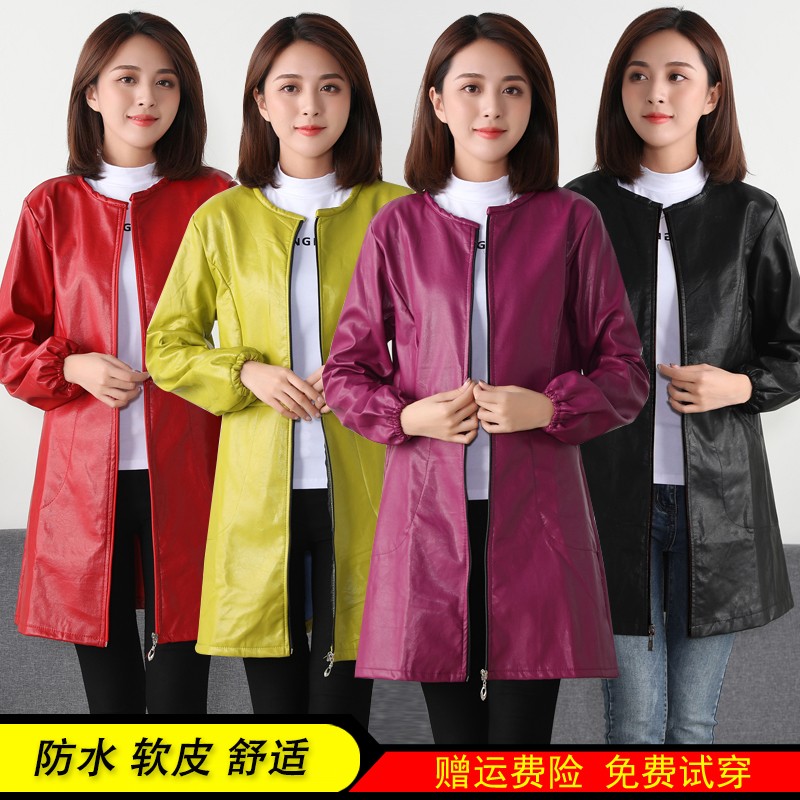防水防油女罩衣软皮围裙成人女加厚皮衣秋冬时尚保暖工作服棉袄外