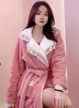 睡袍冬款女加绒加厚法兰绒浴袍2023网红新款珊瑚绒睡衣中长款家居