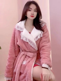 家居 珊瑚绒睡衣中长款 睡袍冬款 女加绒加厚法兰绒浴袍2023网红新款