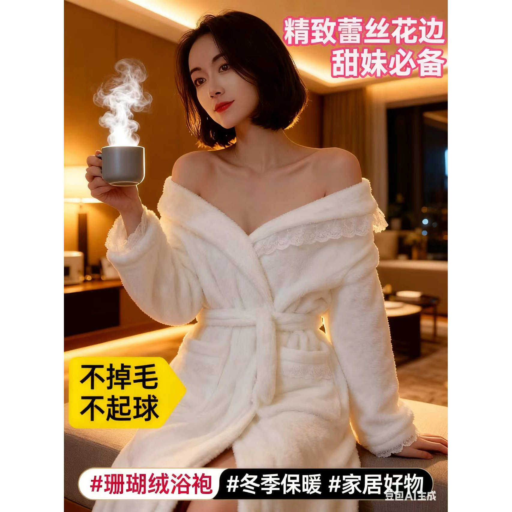 珊瑚绒睡衣女冬季甜美蕾丝花边浴袍长袖加厚保暖家居服套装