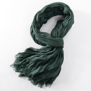 春秋棉麻围巾女纯色文艺褶皱长款百搭冬季围巾披肩防晒纱巾墨绿色