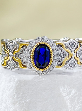 慕景珠宝 直播款S925银布家法式浪漫4*6mm仿真皇家蓝宝石戒指环