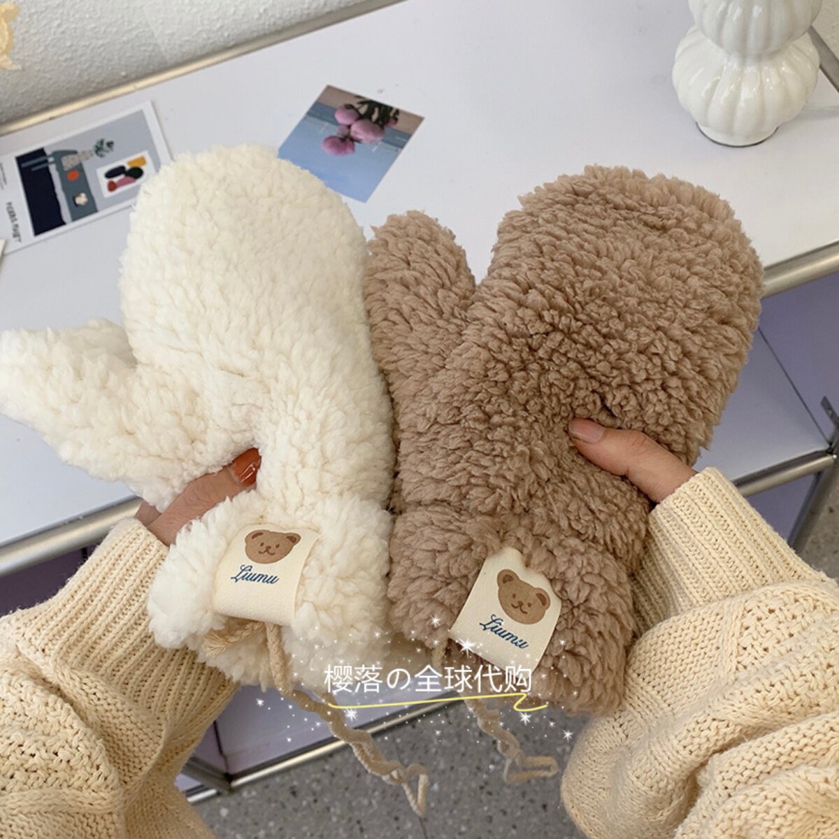 일본 구매 STELU 장갑 겨울 곰 라벨 홀터넥 넥 귀여운 학생 승마 플러스 벨벳 두꺼워 보온 및 방한 유지