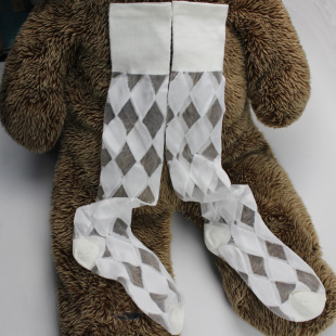 纯白色菱形格子中筒袜玻璃丝学院风英伦风格 LOLITA中筒 JK制服春款