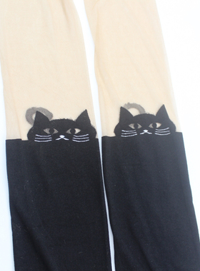日系 上肤下黑真假难辨假高筒黑色猫咪款20D+80D春秋款学院风连裤