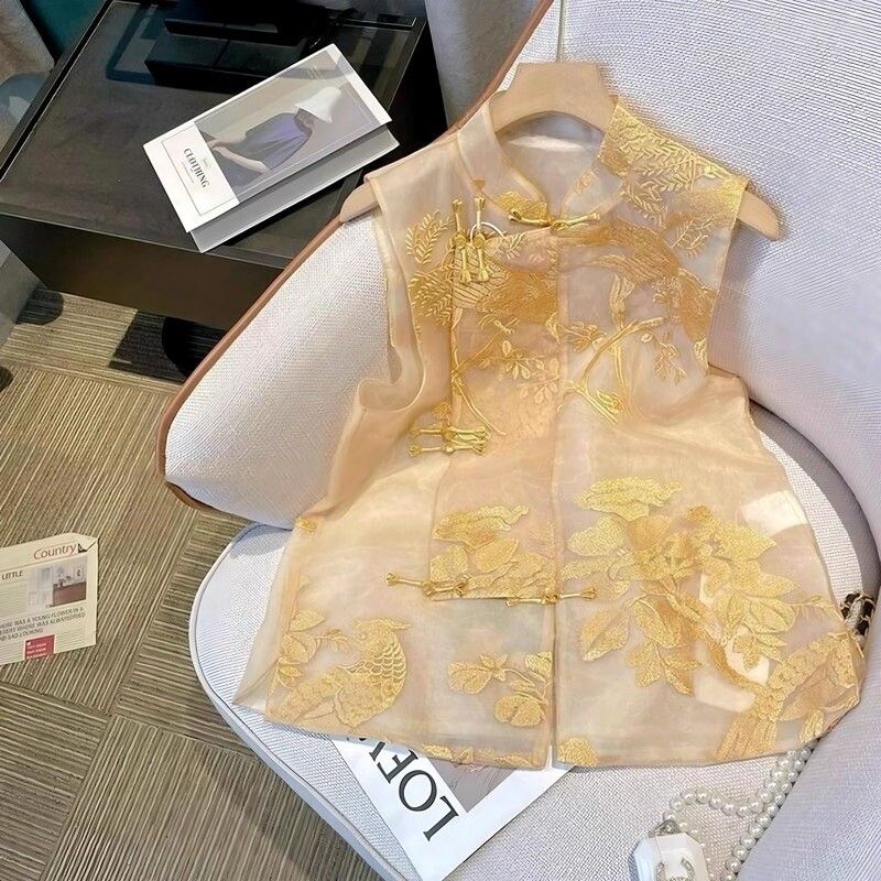 新中式立领欧根纱刺绣马甲秋款