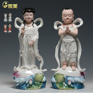 微美海浪荷花座善财童子龙女金童玉女像观音菩萨家用童男童女摆件