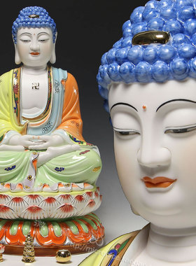 釉下彩华严三圣供奉文殊菩萨佛像