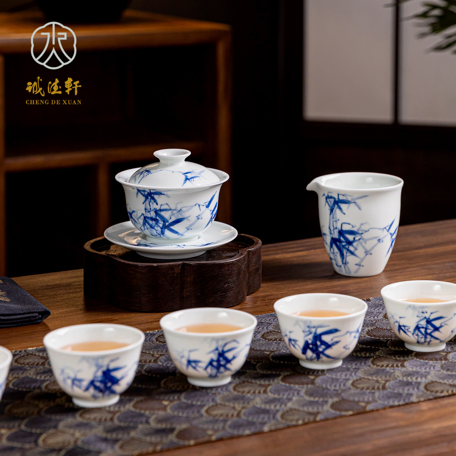 诚德轩陶瓷茶具套装 景德镇手绘竹报平安功夫套组 中式盖碗喝茶杯
