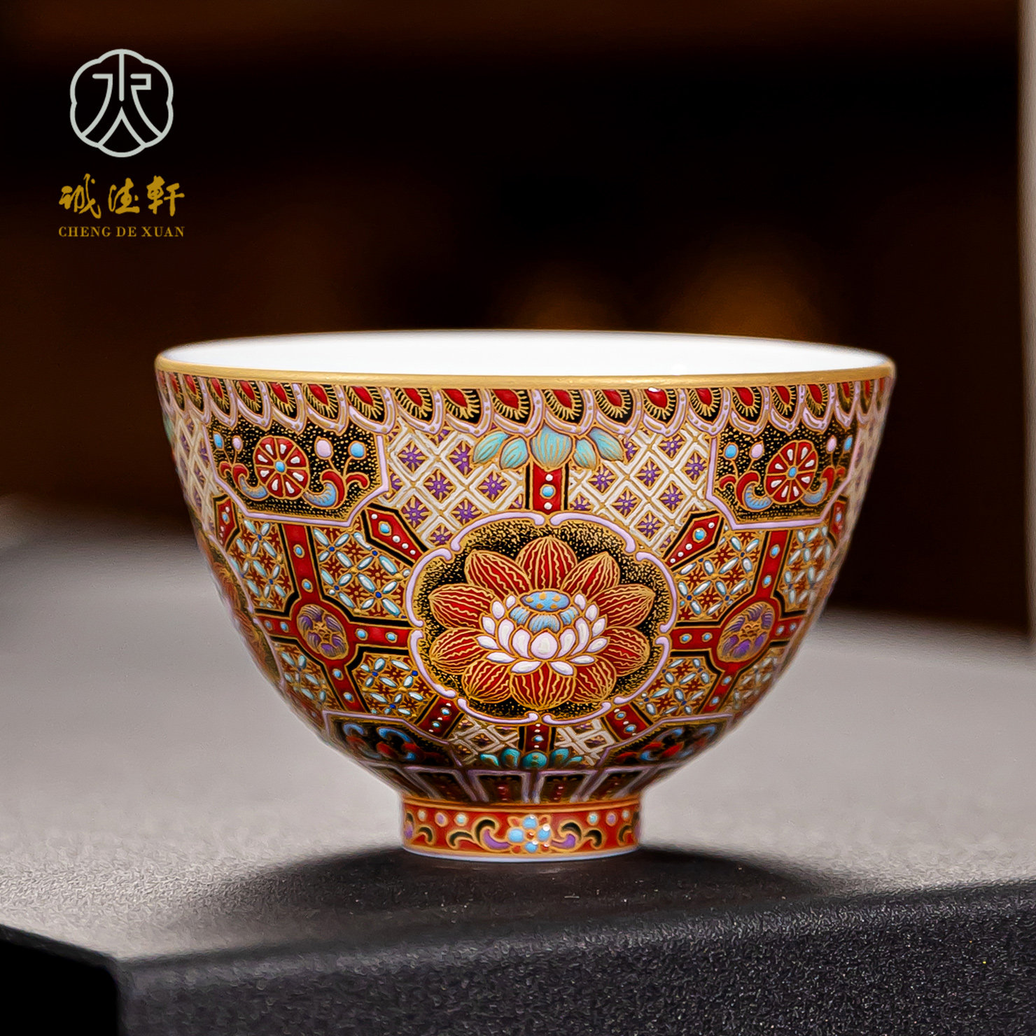 诚德轩珐琅彩鸡心杯描金单杯景德镇陶瓷带内绘主人杯高端专用茶杯