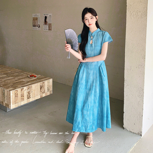 新中式国风扎染连衣裙女2025夏季新款独特超好看气质显瘦旗袍长裙图片
